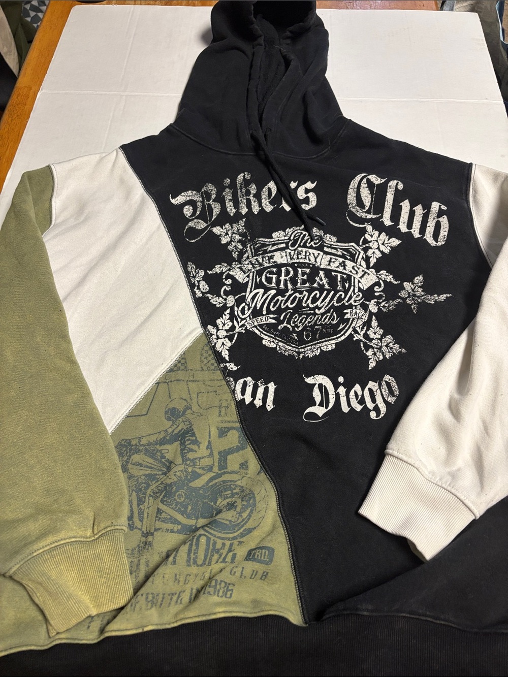 Men's Colorblocked Biker Graphic Hoodie - Black, Olive & Cream